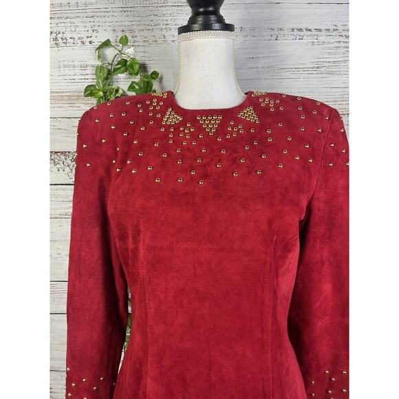 Pia Rucci Vintage Red Leather Dress size 12 Gold Studs 80's Dynasty Christmas - Picture 11 of 16